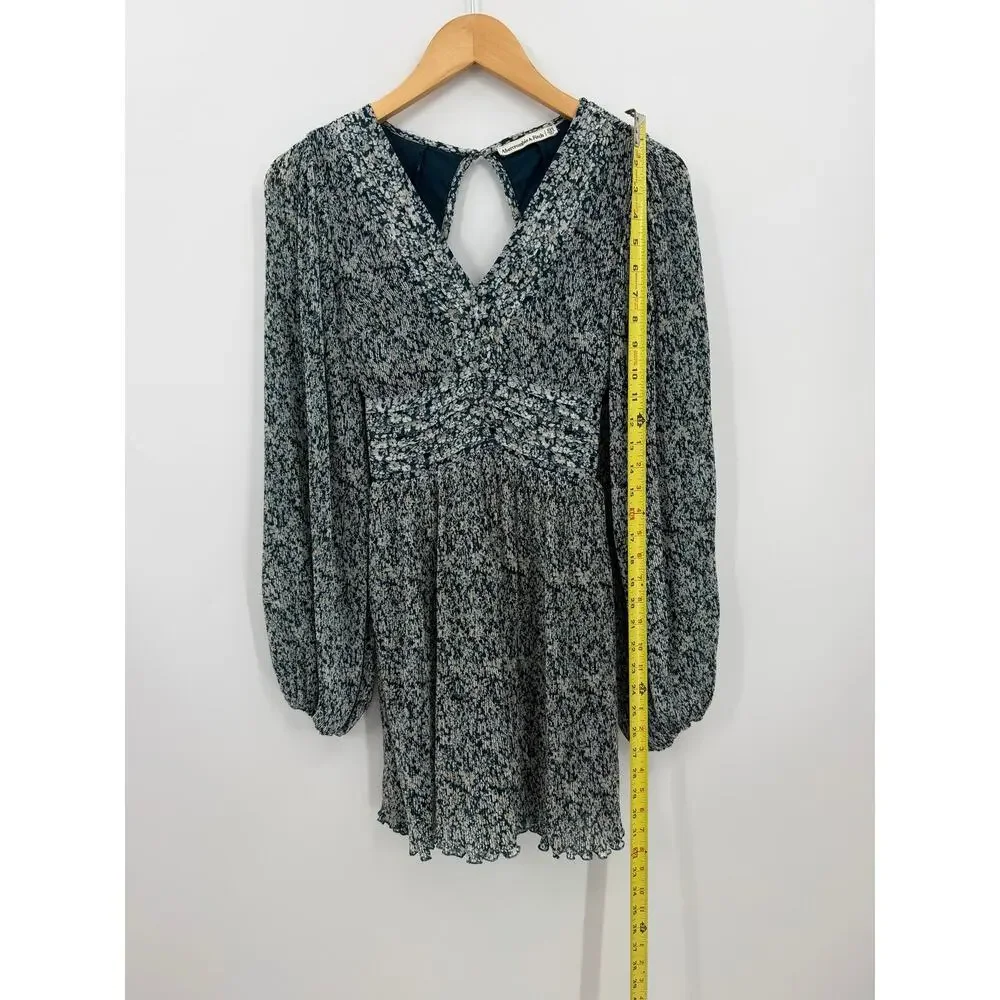 Abercrombie & Fitch Floral Open Back Pleated Mini Dress Teal Long Sleeve XXS